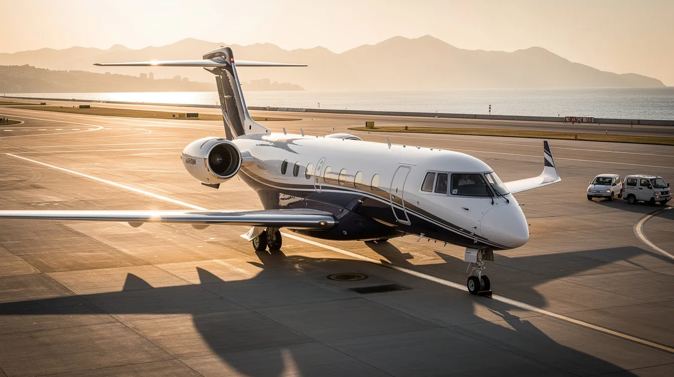 The image depicts a sleek private jet parked at Long Beach Airport, showcasing the luxury of boutique aircraft charter services. This aircraft represents the exceptional service and personalized travel arrangements offered by Nexjet Corporation, ensuring total comfort for passengers with tailored programs and world-class gourmet catering.