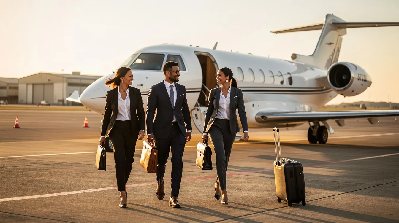 A group of executives dressed in business attire is walking towards a sleek midsize private jet on an airport ramp, highlighting the appeal of private aviation for corporate travel. This scene reflects the growing interest in private jet lease options, which offer significant financial benefits and guaranteed access for frequent flyers.