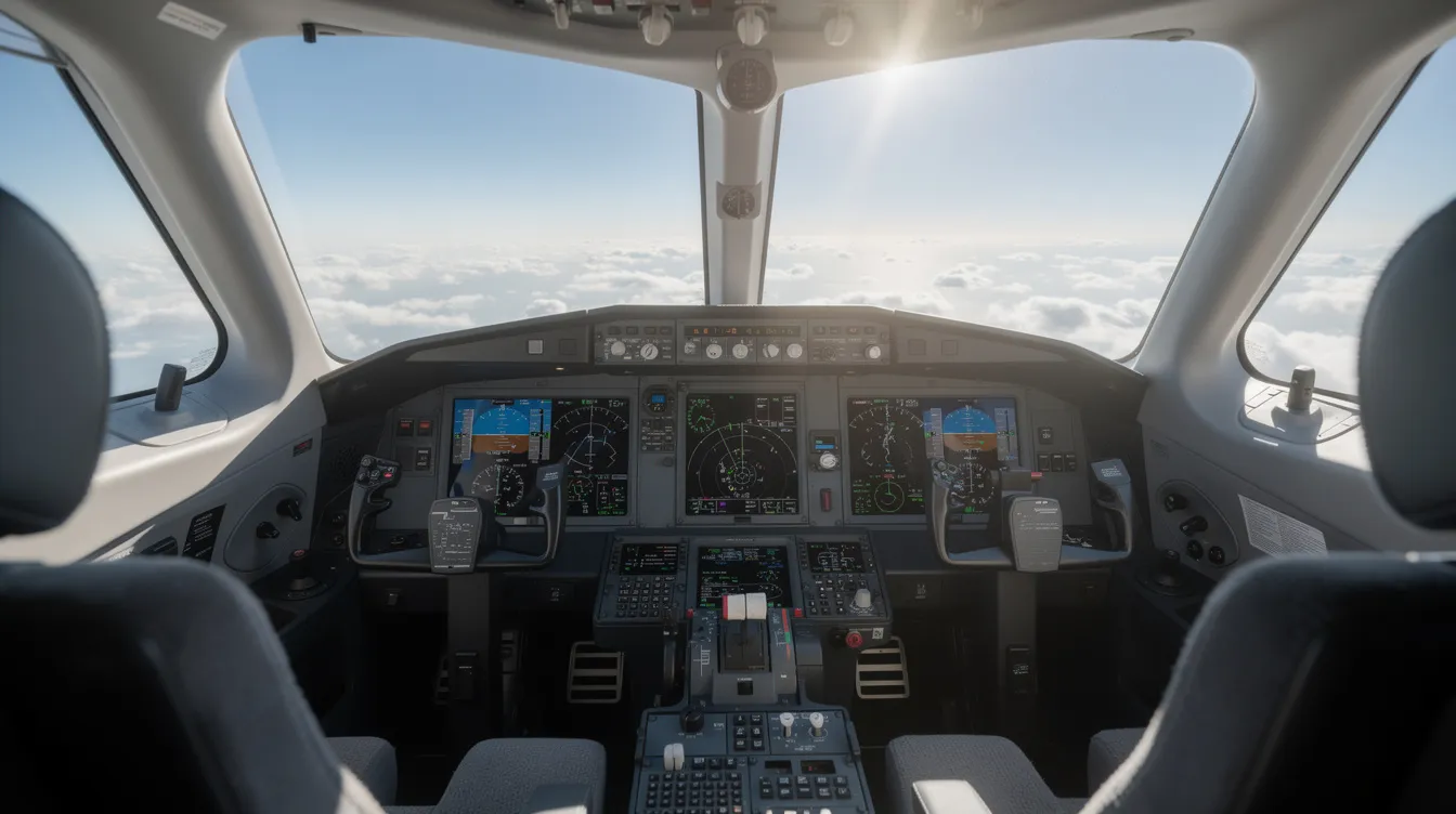 The image shows a cockpit view of a private jet during a clear-sky flight, with various instruments and controls visible, highlighting the advanced technology used in private aviation. This perspective emphasizes the exclusivity and luxury associated with private jet travel, as well as the operational aspects of flying a leased private jet.