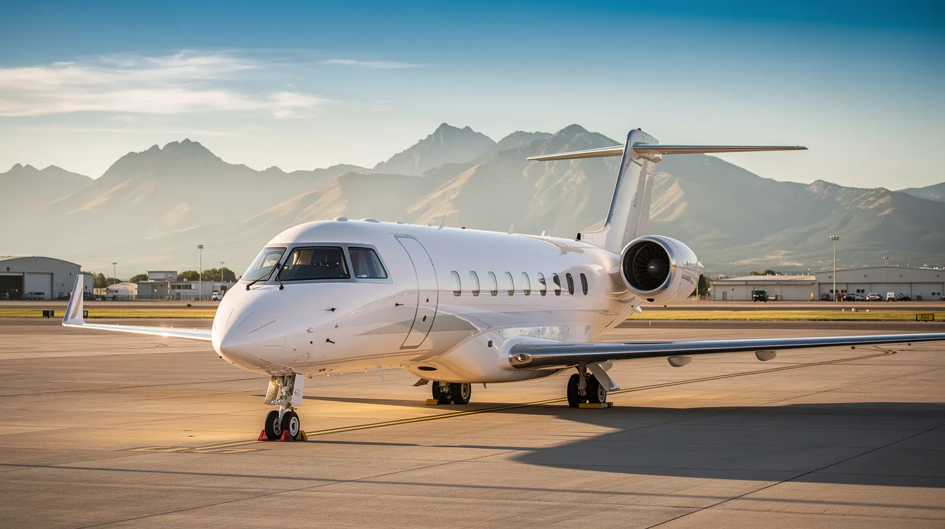 A sleek private jet is parked on a sunlit tarmac at a regional airport, with majestic mountains in the background, highlighting the allure of private aviation. This image reflects the luxurious experience of private jet travel, often associated with significant financial benefits and tailored lease agreements for frequent flyers.