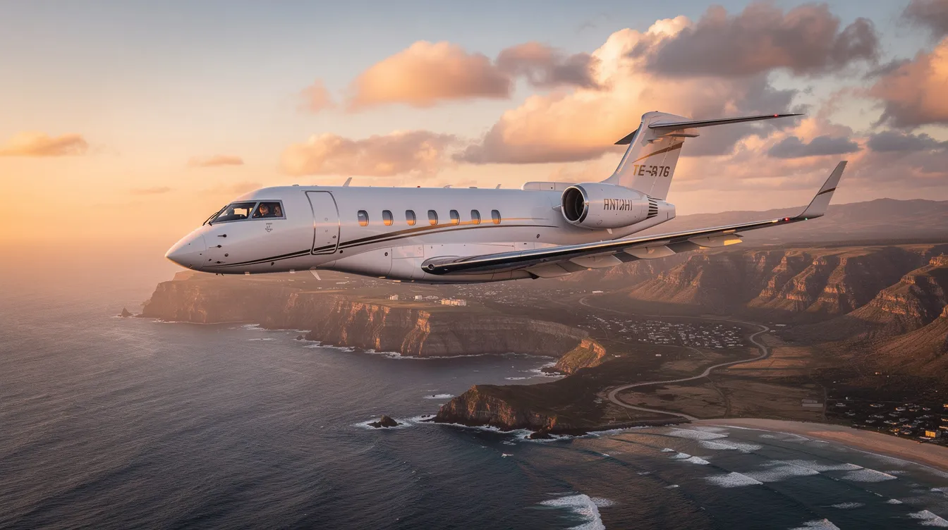 A private jet soars above a stunning coastline during golden hour, casting a warm glow on the water below. This image captures the essence of private aviation, showcasing the luxurious freedom that comes with private jet travel and leasing options for both personal and business use.
