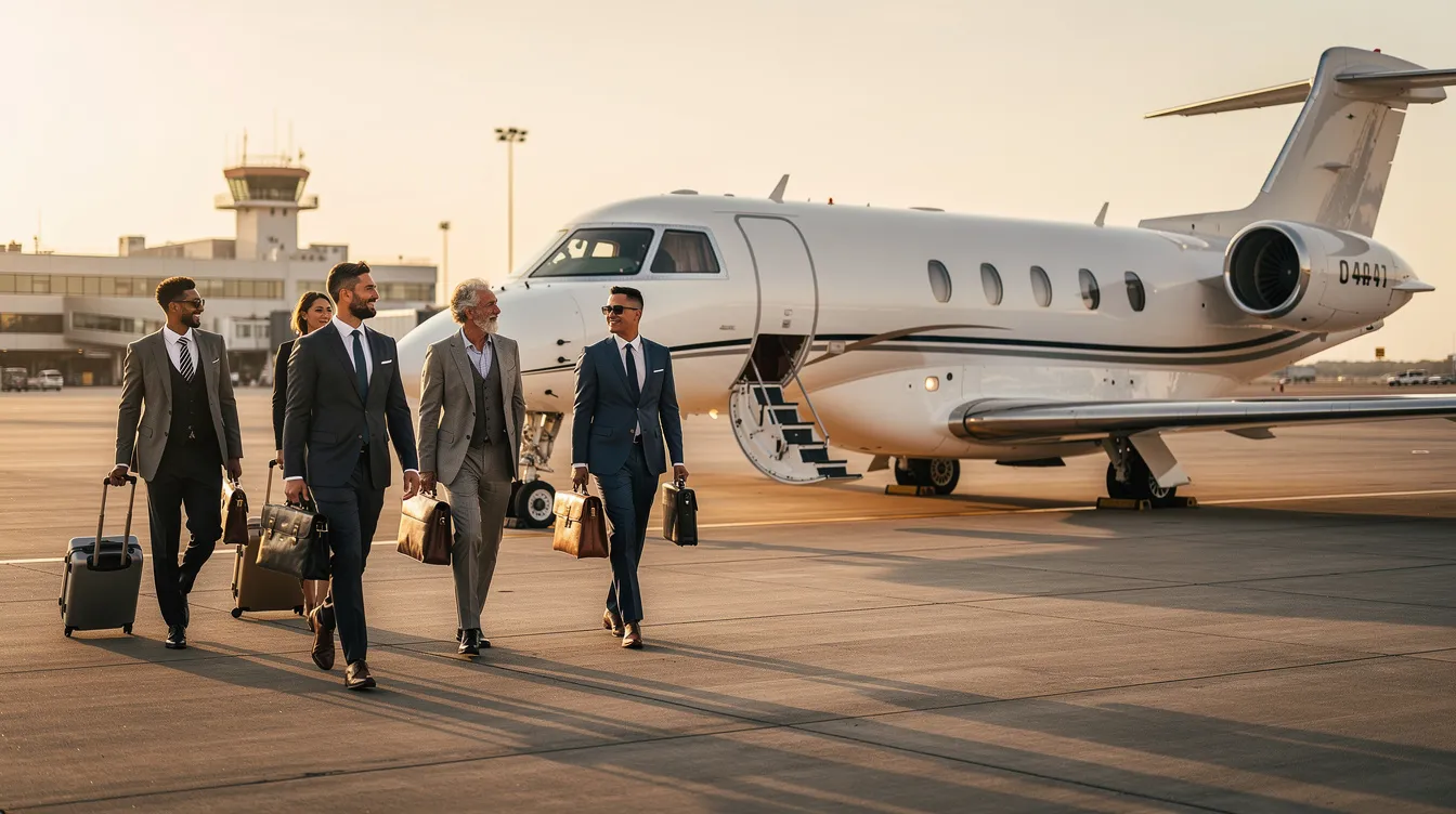 A group of business professionals in formal attire walks confidently toward a private jet on a runway, symbolizing the convenience and luxury of private aviation for corporate travel. This scene highlights the appeal of private jet leasing solutions, offering guaranteed access to aircraft for efficient travel plans.