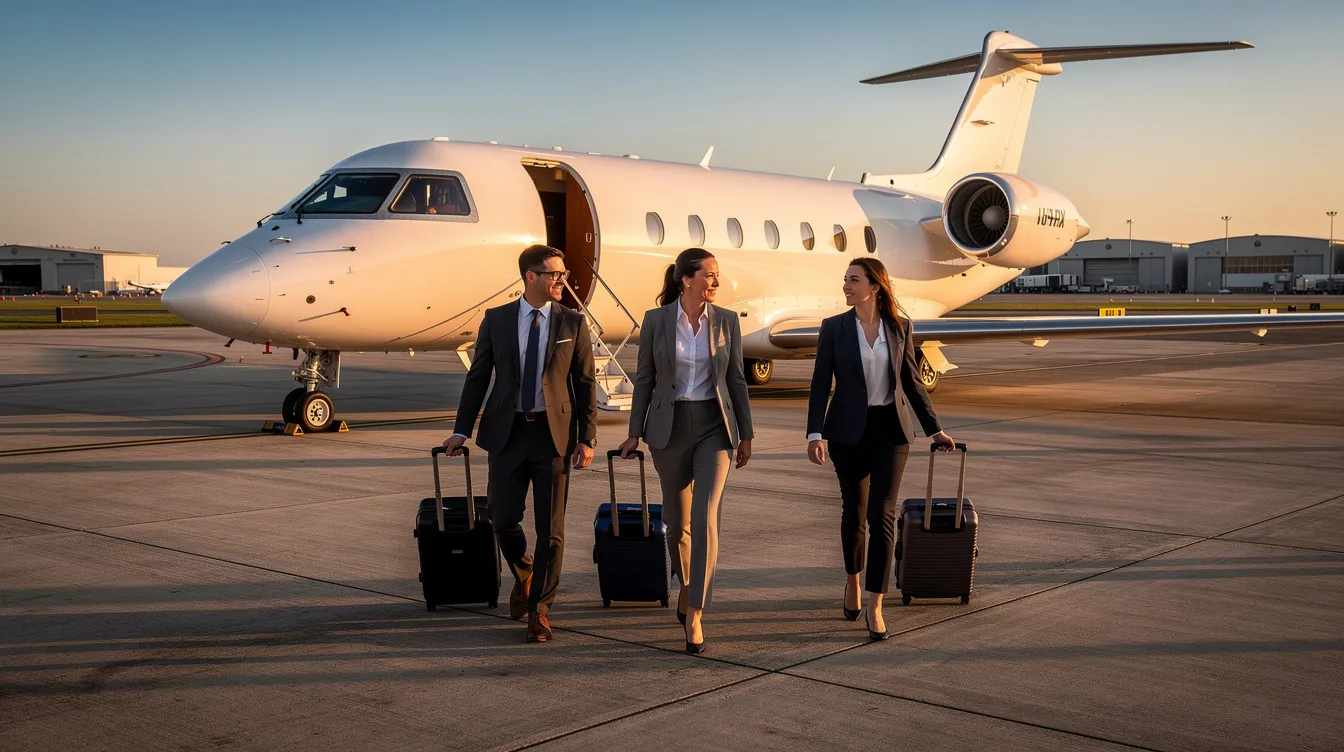 A group of business professionals is walking toward a midsize private jet on an airfield, showcasing the convenience and efficiency of private aviation. This scene highlights the benefits of private jet leasing programs, offering unmatched access and flexibility for their travel plans.