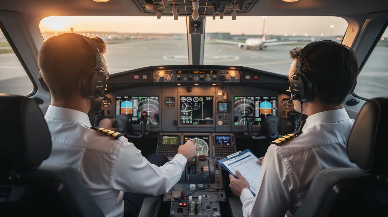 The image shows two pilots in the cockpit of a private jet, focused on preparing for departure. They are surrounded by various controls and instruments, embodying the essence of private aviation and the operational responsibility that comes with flying leased private jets.