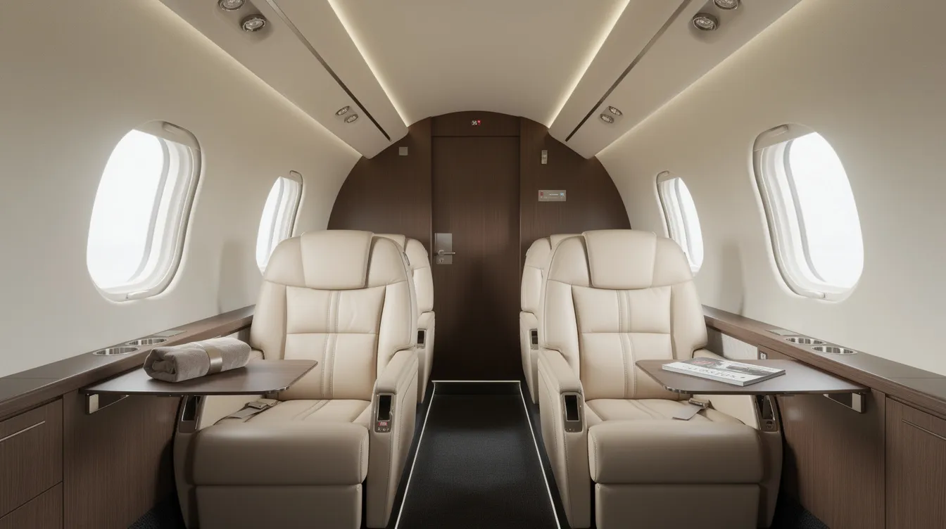 The image depicts the interior of a compact private jet cabin featuring luxurious leather seats bathed in natural light, showcasing the elegance of private aviation. This light jet environment exemplifies the comfort and style that private jets offer, making it an ideal choice for those seeking a premium travel experience.
