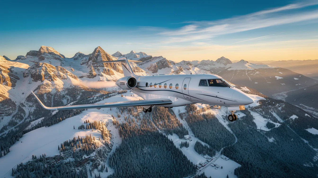 A private jet, likely a light jet, is taking off against a stunning winter mountain landscape, showcasing the allure of private aviation. The scene captures the essence of luxury travel, highlighting the benefits of private jets for those seeking guaranteed access and flexibility in their flight plans.