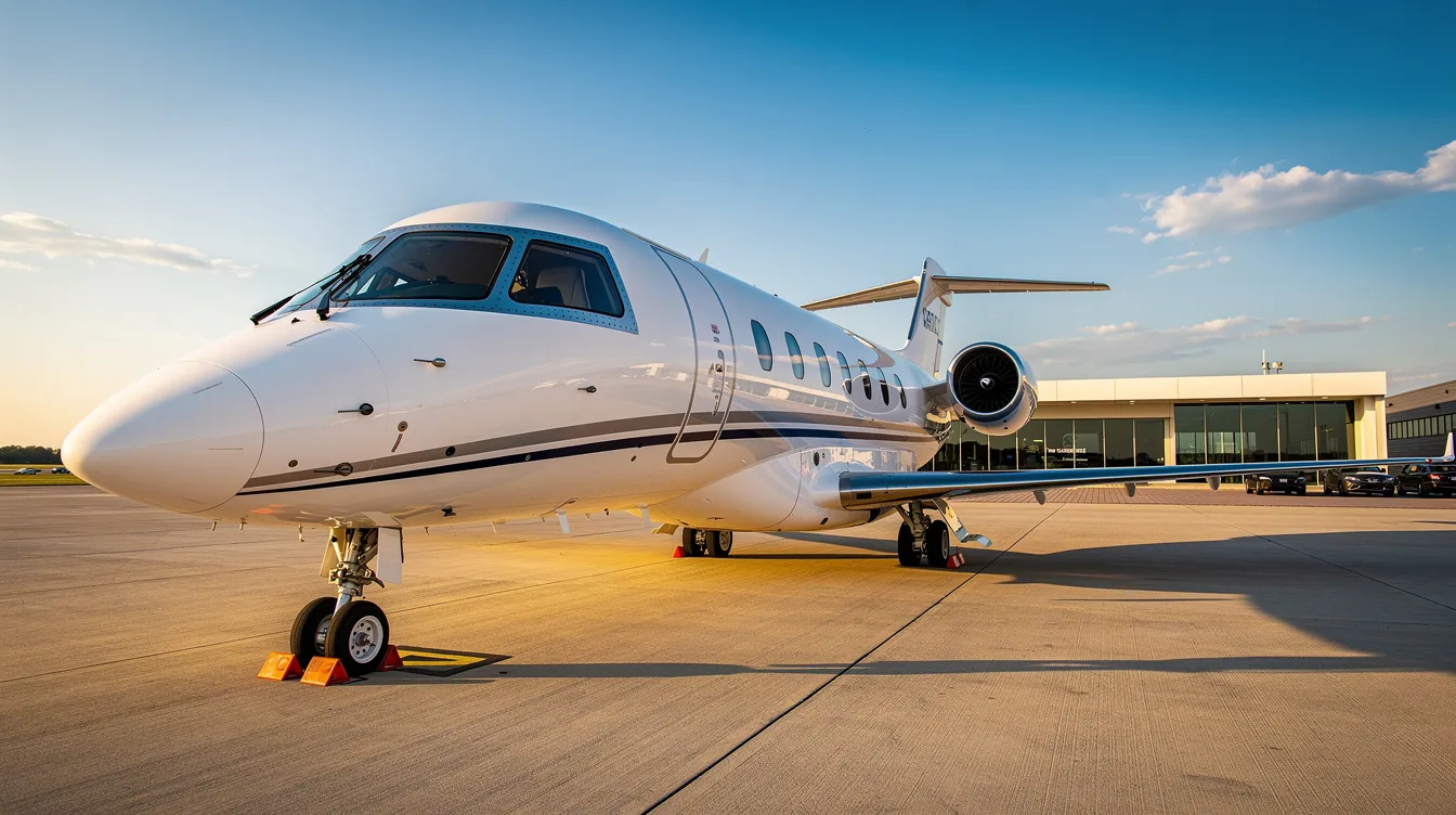 A modern light jet is parked on a sunlit tarmac at a private terminal, showcasing the sleek design typical of the private aviation industry. This aircraft represents the convenience of private jets, offering guaranteed access and flexibility for travelers seeking a cost-effective solution for their flying needs.