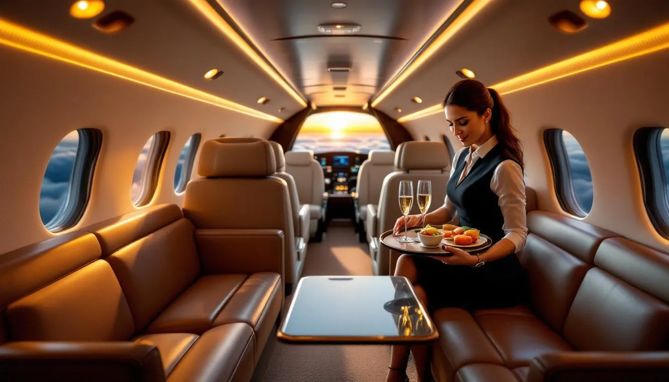 The image depicts a luxurious private terminal bustling with activity as travelers prepare for shared private jet flights. It showcases sleek private jets parked outside, highlighting the comfort and convenience of private aviation, with passengers enjoying personalized service and avoiding long security lines typically associated with commercial flights.