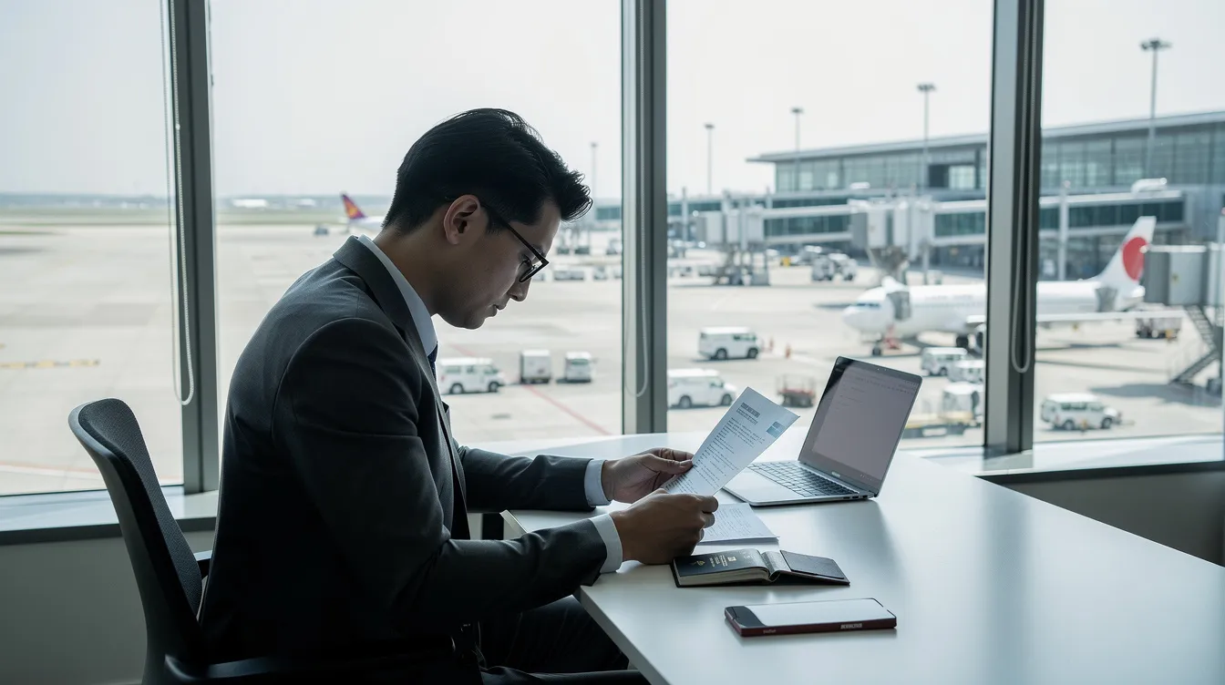 A business professional sits at a desk, reviewing travel documents with a view of an airport tarmac through a large window, highlighting the importance of meticulous planning for private jet travel and charter services. The scene emphasizes the need for detailed flight plans and the booking process for private jet charters.