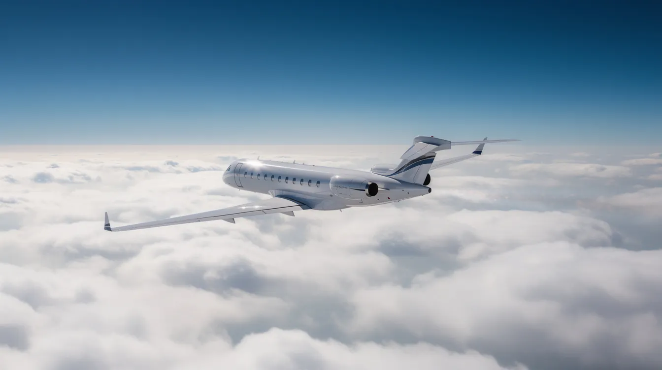 A private jet soars gracefully above a thick layer of clouds, set against a backdrop of a clear blue sky, showcasing the luxury of private jet travel. This image captures the essence of private jet charter services, highlighting the freedom and comfort of flying privately.