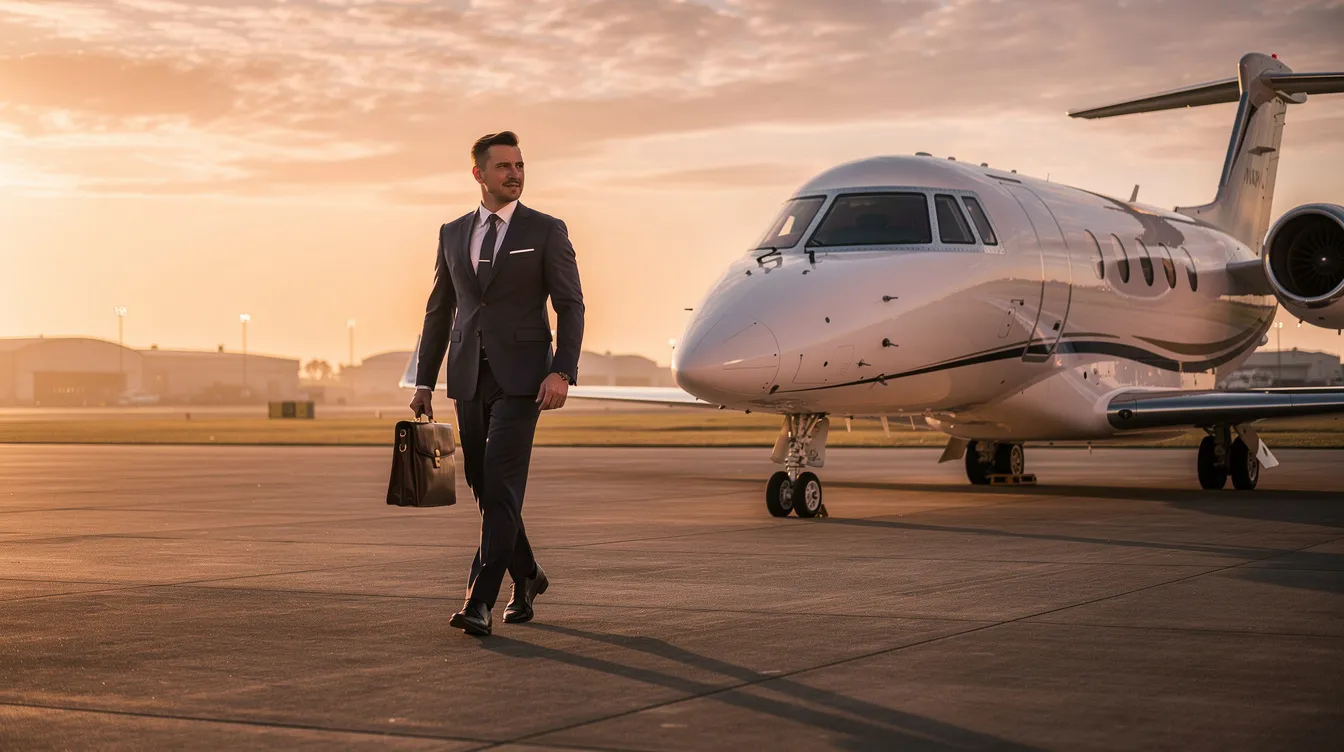 An executive confidently walks toward a sleek private jet on a tarmac during golden hour, embodying the luxury and convenience of private jet travel. The scene highlights the appeal of private jet charter services, emphasizing the ease of booking a private jet for business or leisure trips.