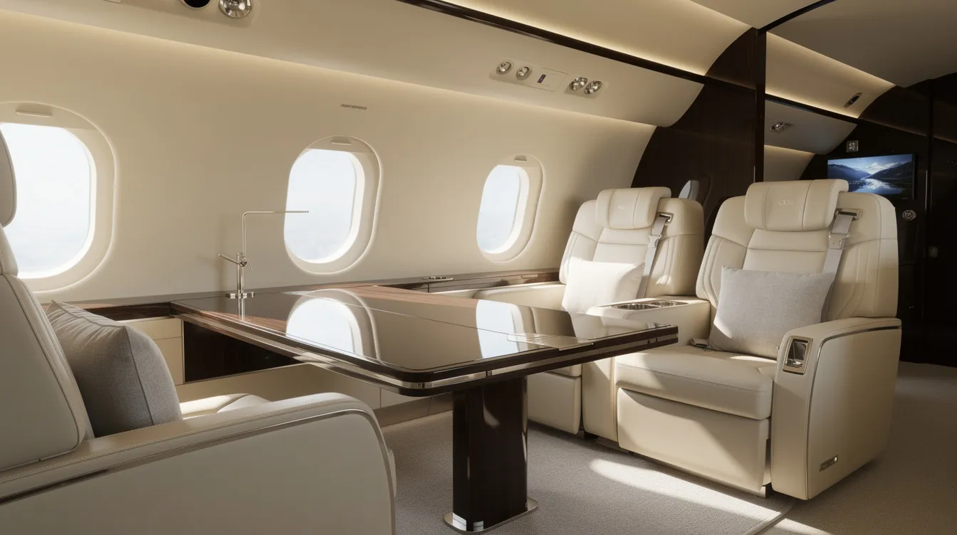 The image depicts the luxurious interior of a private jet cabin, featuring cream leather seats and a polished wood table, illuminated by natural light streaming through oval windows. This elegant space is designed for private jet travelers seeking comfort and style during their private jet travel experience.