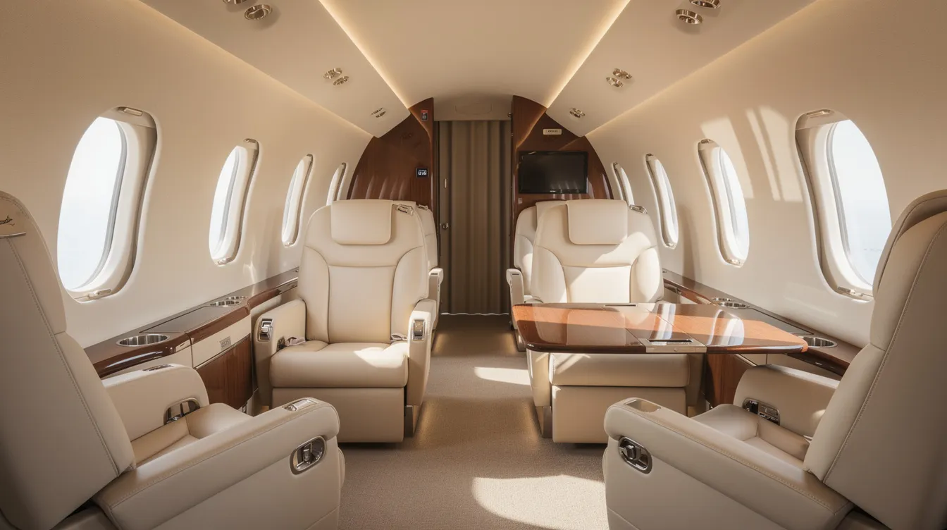 The image depicts the interior of a spacious private jet cabin, featuring luxurious leather seats and abundant natural light streaming through oval windows, creating an inviting atmosphere for passengers. This elegant setting exemplifies the comfort and style associated with private jet charter flights, perfect for travel to destinations like Miami or the Florida Keys.
