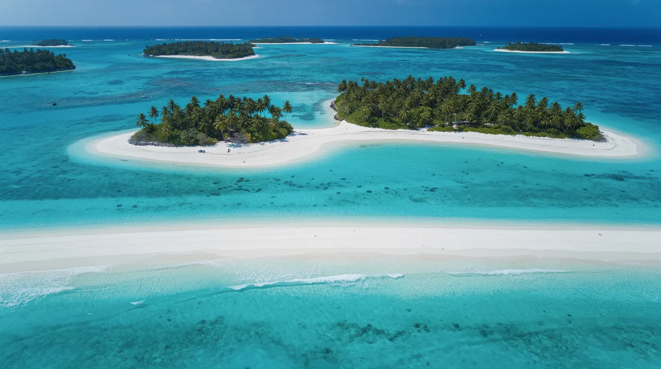 An aerial view showcases the stunning turquoise waters of the Caribbean, dotted with small tropical islands and a pristine white sand beach, inviting travelers to explore the beauty of this paradise. This picturesque scene is reminiscent of destinations accessible via private jet charter flights from Miami, offering a luxurious way to experience South Florida and beyond.