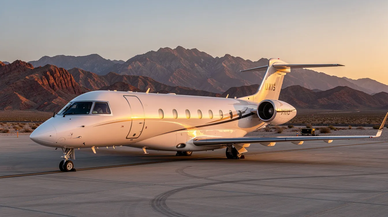 A sleek private jet is parked on a tarmac against the backdrop of a desert mountain range during golden hour, showcasing the allure of private travel to Las Vegas. This luxurious aircraft represents the convenience and elegance of private jet charters for travelers flying from Los Angeles to Sin City.