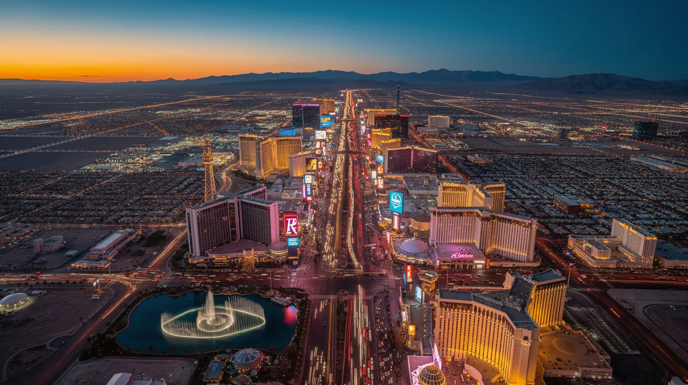 An aerial view captures the vibrant Las Vegas Strip at dusk, showcasing illuminated buildings against the backdrop of the vast desert. This scene highlights the entertainment capital's allure, perfect for travelers considering private jet flights from Los Angeles to Las Vegas.