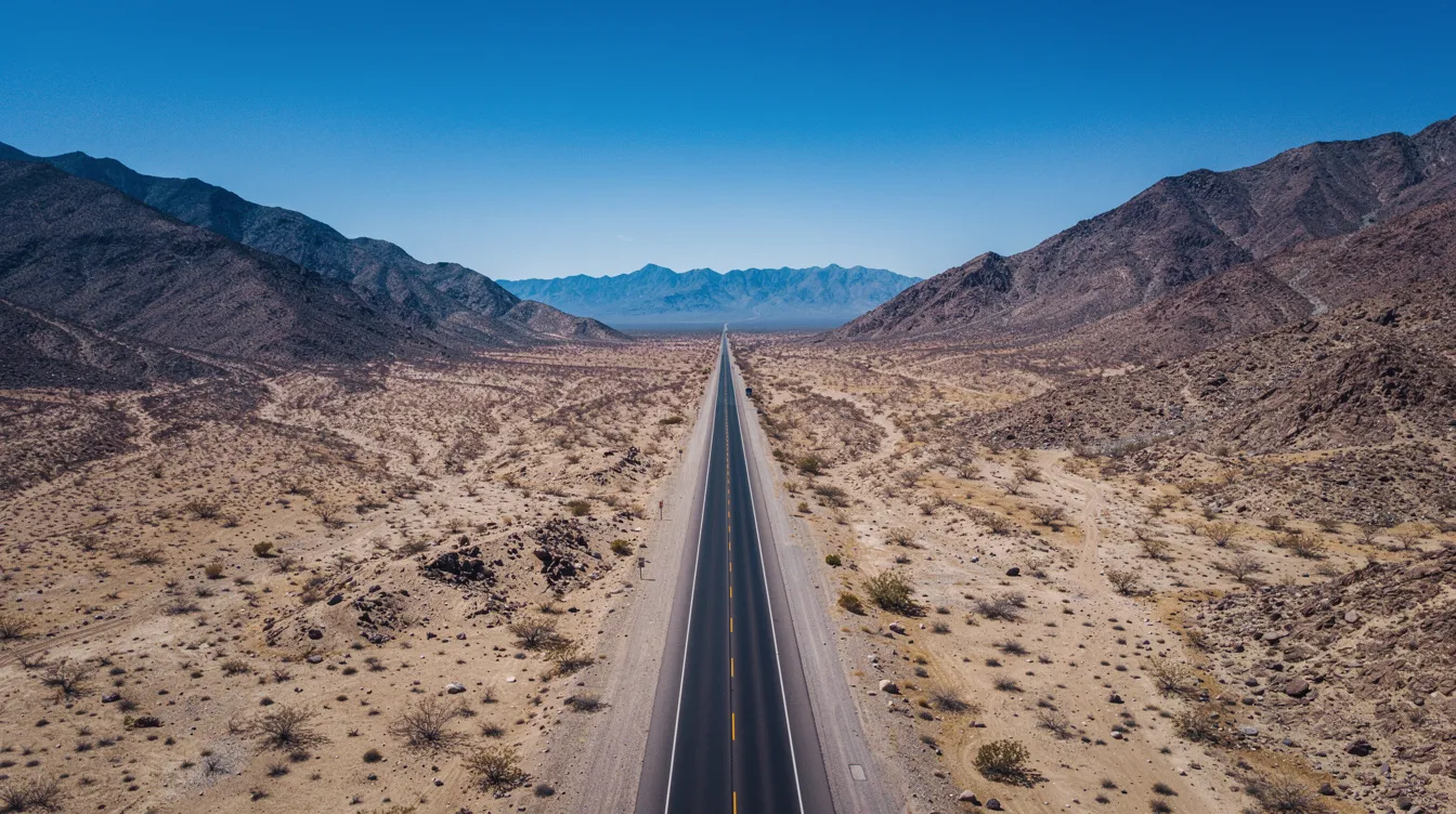 An aerial view captures a desert highway stretching between rugged mountains under a clear blue sky, showcasing the vastness of Southern California's landscape. This scene evokes the allure of private jet charters from Los Angeles to popular destinations like Las Vegas, highlighting the freedom of travel in the region.