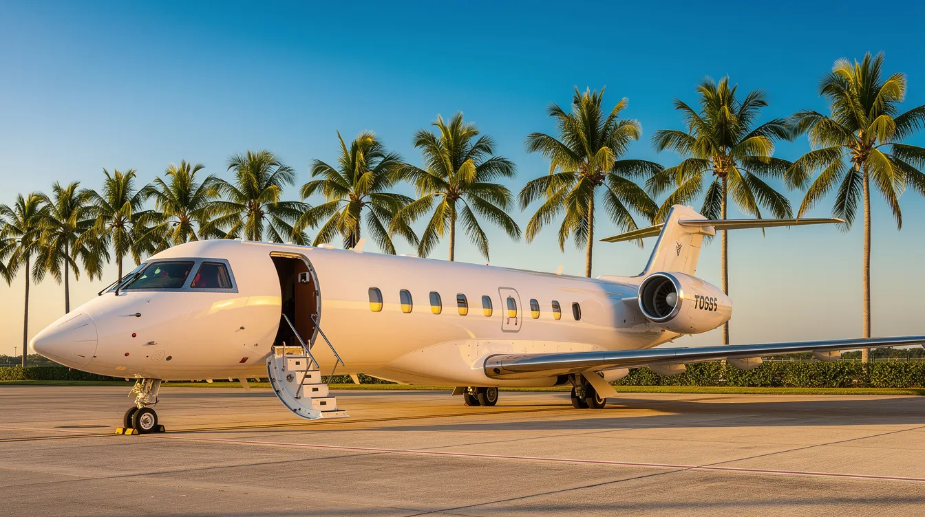 A private jet is parked on a tarmac surrounded by palm trees, with a clear blue sky above, indicating a luxurious atmosphere typical of Los Angeles. This scene captures the essence of private jet travel, perfect for business travelers and private fliers heading to popular destinations like Las Vegas or Santa Monica.