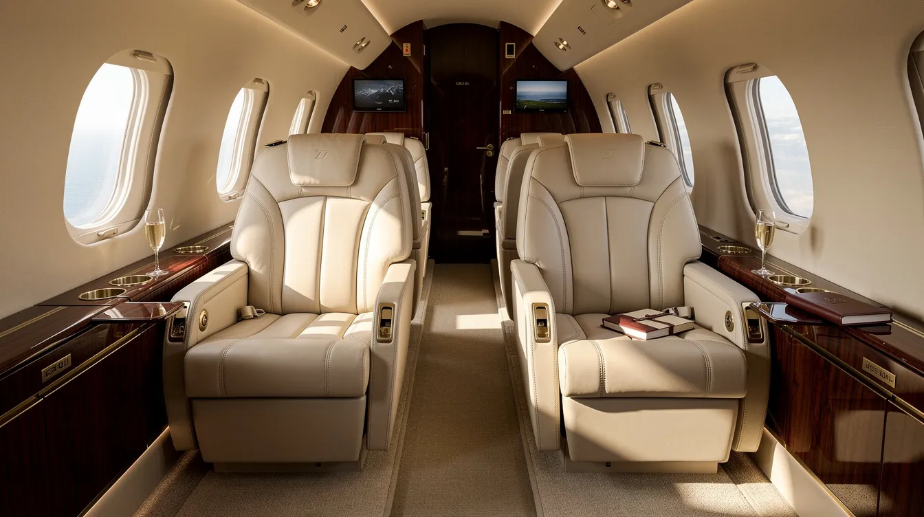 The image depicts the luxurious interior of a private jet cabin featuring cream leather seats and polished wood accents, illuminated by natural light pouring through oval windows. This elegant space offers a comfortable travel experience for passengers, embodying the rich history and sophistication of private jet charters.