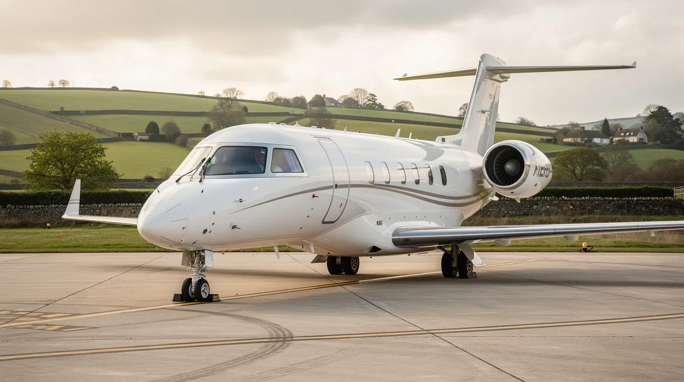 A sleek private jet is parked on a tarmac, with the lush green English countryside in the background, showcasing the elegance of private jet travel. This scene captures the essence of luxury and adventure, ideal for travelers seeking an exclusive experience at private jet airports like London Biggin Hill Airport.