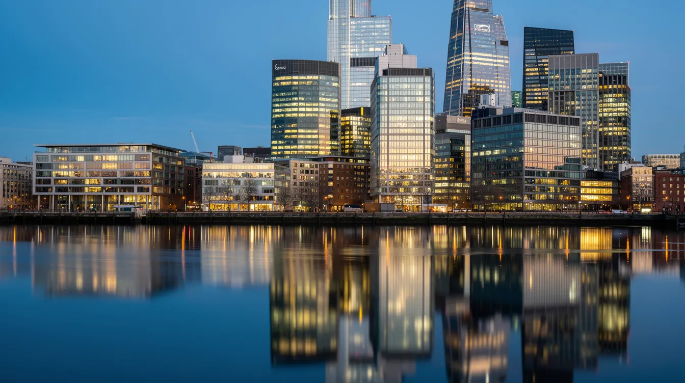 The image showcases the modern glass towers and office buildings of London's Canary Wharf financial district, beautifully reflected in the still water below, creating a striking urban landscape. This scene represents the heart of London's business environment, a hub for private jet travelers and charter services.
