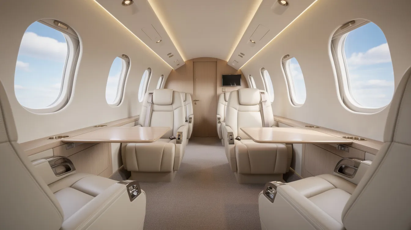 The image depicts the luxurious interior of a modern private jet cabin, featuring plush leather seats and expansive windows that reveal a clear blue sky. This elegant space is designed for private jet travelers seeking comfort and style on their private flight to destinations like Cancun, with its vibrant nightlife and beautiful beaches.