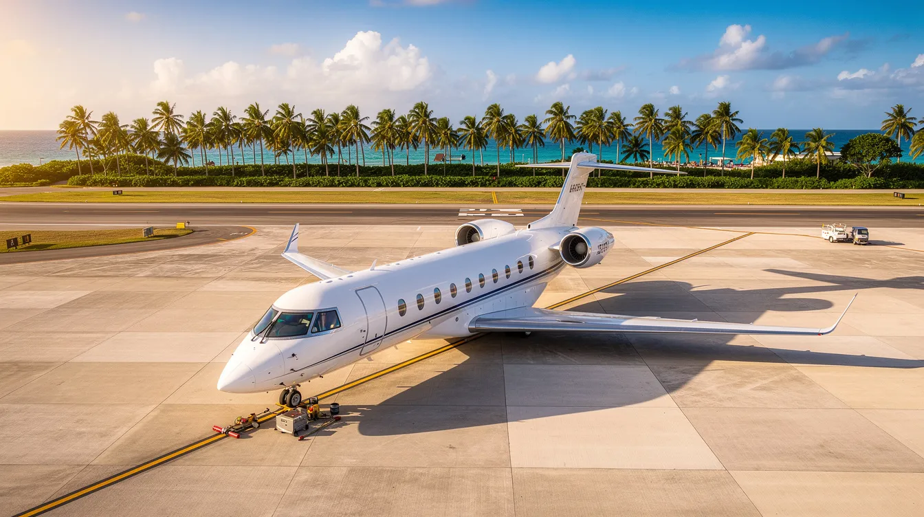 An aerial view showcases a private jet parked on the tarmac of Cancun International Airport, surrounded by lush palm trees and a clear blue sky, highlighting the tropical paradise atmosphere. This luxurious scene represents the ease of private jet travel for discerning travelers heading to Mexico's Caribbean coast.