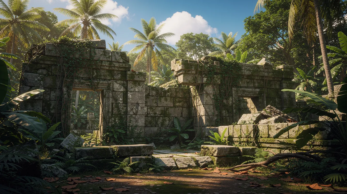 The image depicts ancient Mayan ruins nestled among lush tropical vegetation, set against a backdrop of a clear blue sky. This scene evokes a sense of exploration and adventure, perfect for private jet travelers seeking to discover the natural beauty of Mexico's Caribbean coast.