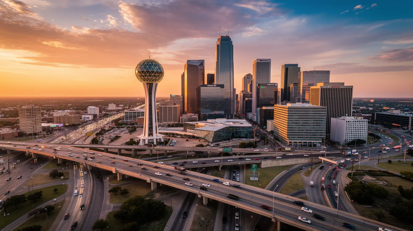 The image shows an aerial view of the Dallas, Texas skyline at sunset, featuring a vibrant array of skyscrapers against a colorful sky, with highways weaving through the city. This scene captures the essence of downtown Dallas, a hub for private jet travel and business opportunities.
