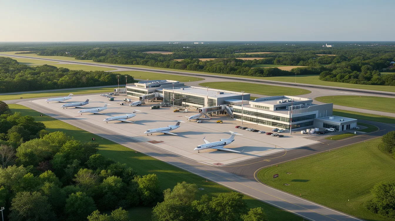 An aerial view showcases a small executive airport featuring several private jets parked near a terminal building, all surrounded by lush green landscape. This scene highlights the convenience of private jet travel, particularly for flights from Los Angeles to New York.