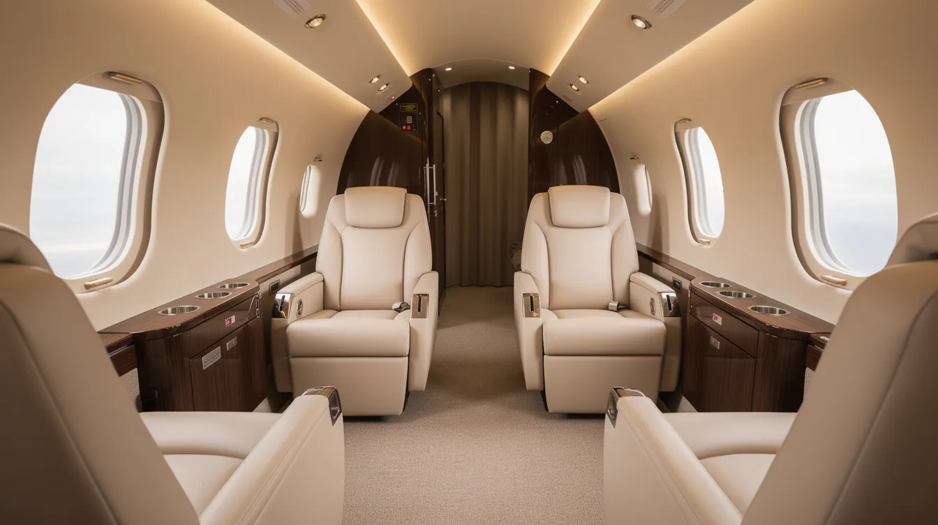 The image depicts the interior of a luxurious private jet cabin featuring cream leather seats arranged in a club configuration, complemented by soft ambient lighting that creates an inviting atmosphere for passengers. This modern private jet offers an elegant setting for travelers looking to charter flights from Los Angeles to New York.