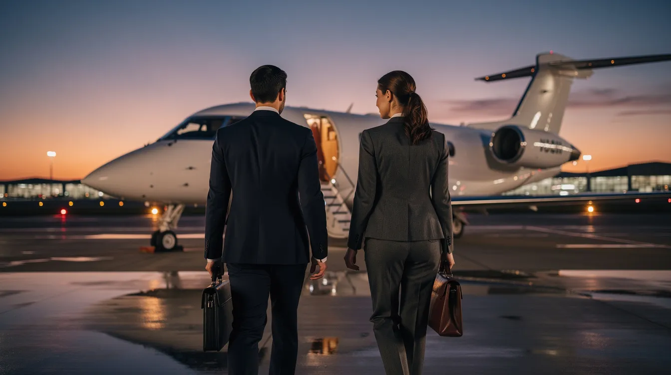 Two business professionals are walking towards a private jet on a tarmac at dusk, with the silhouette of the aircraft set against a colorful sky. This scene captures the essence of private aviation, highlighting the convenience and luxury of private flights for business travelers in California.