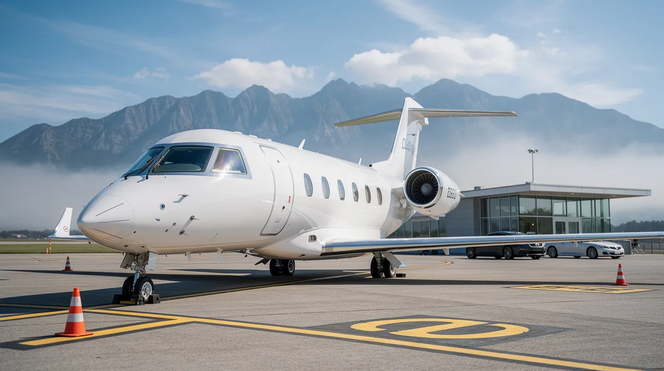 A sleek private jet is parked on a sunlit tarmac at a small executive airport, with majestic mountains in the background, symbolizing luxurious private travel in California. This scene highlights the convenience and elegance of private flights, catering to business travelers and leisure trips alike.
