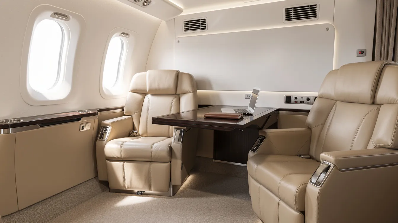 The image depicts the interior of a modern light jet cabin featuring luxurious leather club seating and a fold-out work table, designed for comfort and convenience during private air travel. This spacious cabin exemplifies the elegance of private jets, providing an ideal environment for both relaxation and productivity on small aircraft flights.