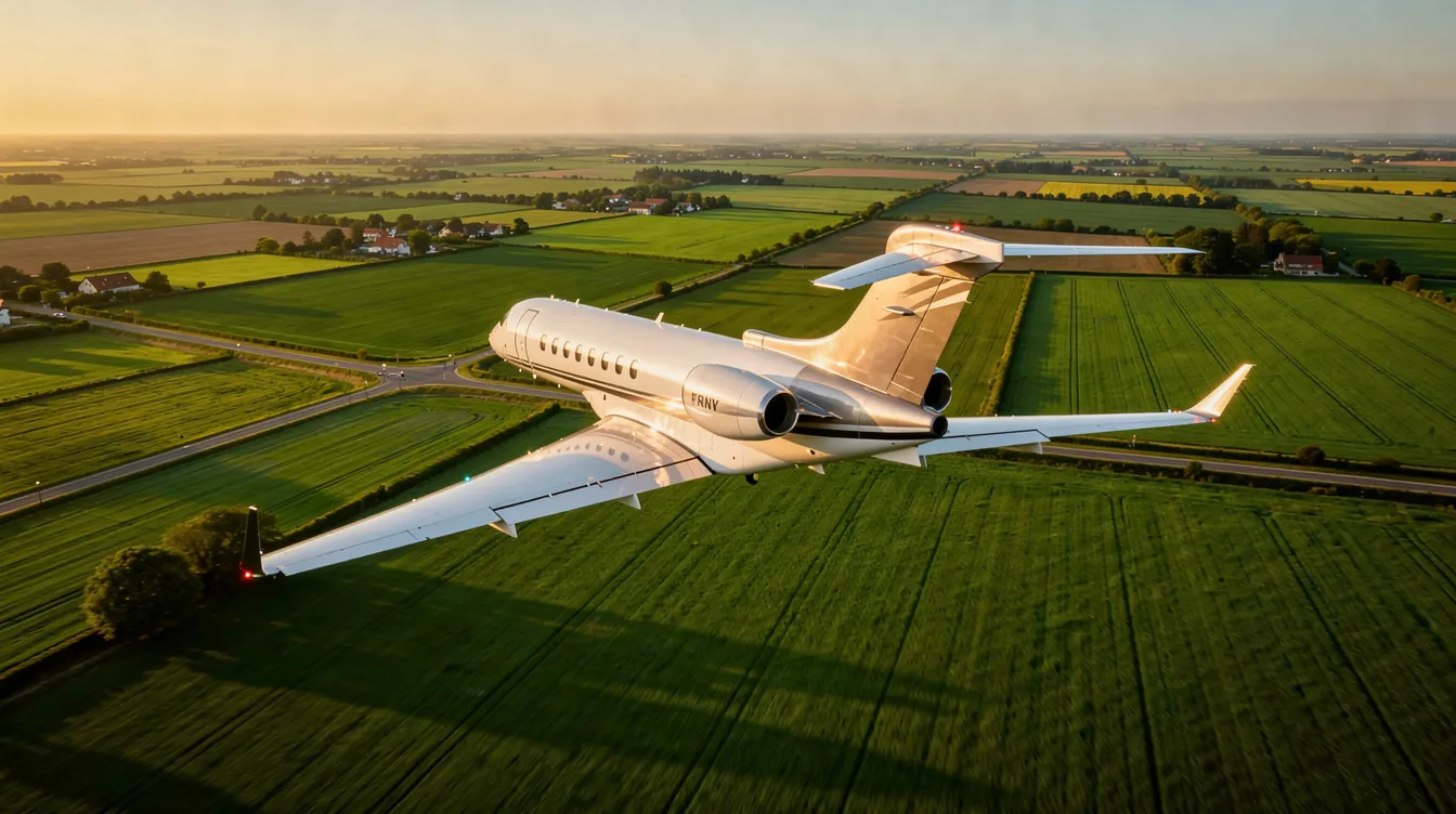 A sleek modern light jet soars gracefully above lush green farmland during the golden hour, showcasing the beauty of private aviation. The aircraft represents the elegance and efficiency of small private aircraft, highlighting the appeal of private flights and charter services.