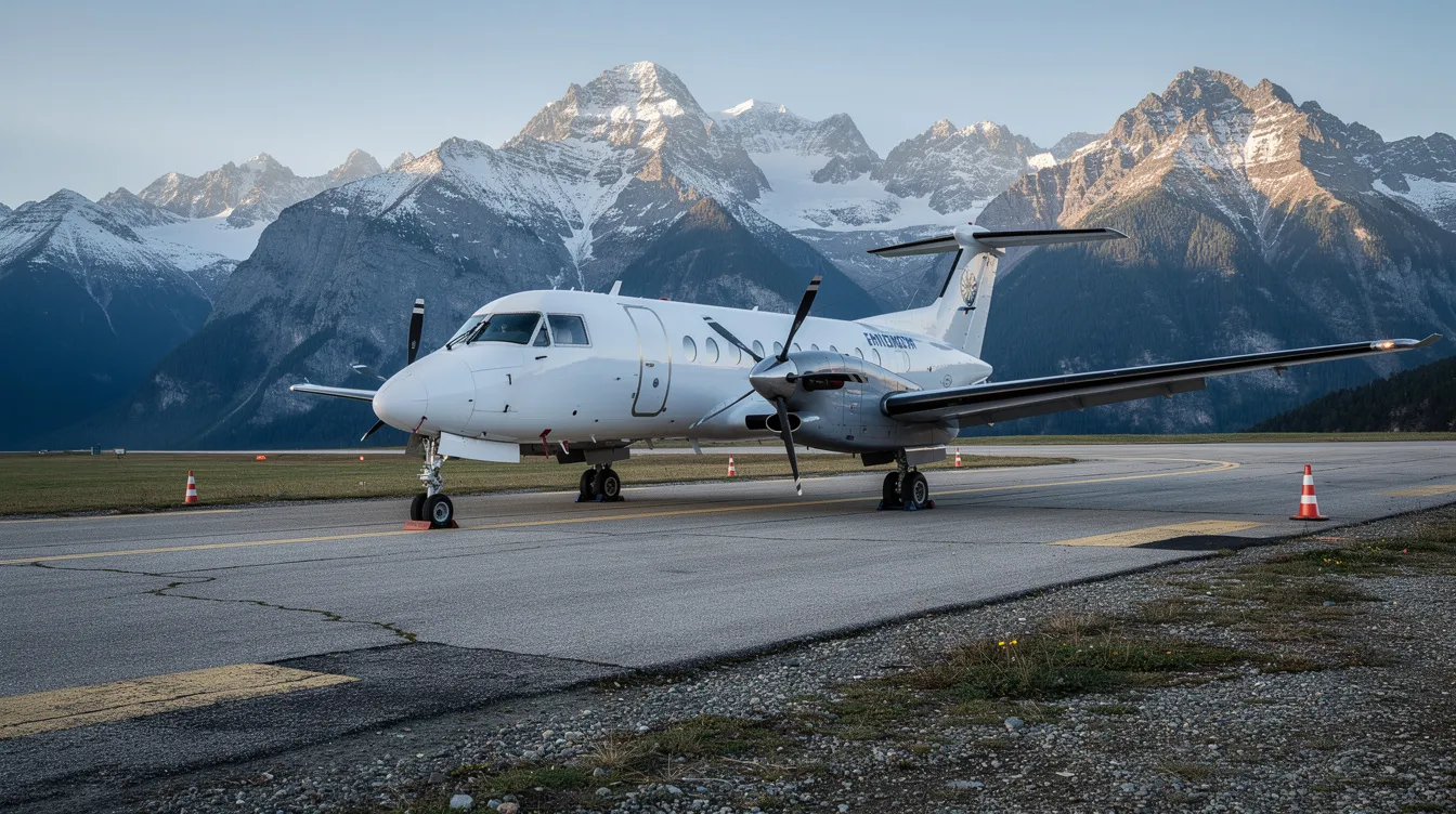 A white turboprop aircraft is parked at a mountain airfield, surrounded by breathtaking snow-capped peaks, highlighting the beauty of private aviation and small aircraft flights in scenic locations. The image captures the essence of personal air travel, offering a glimpse into the world of private charter flights against a stunning natural backdrop.