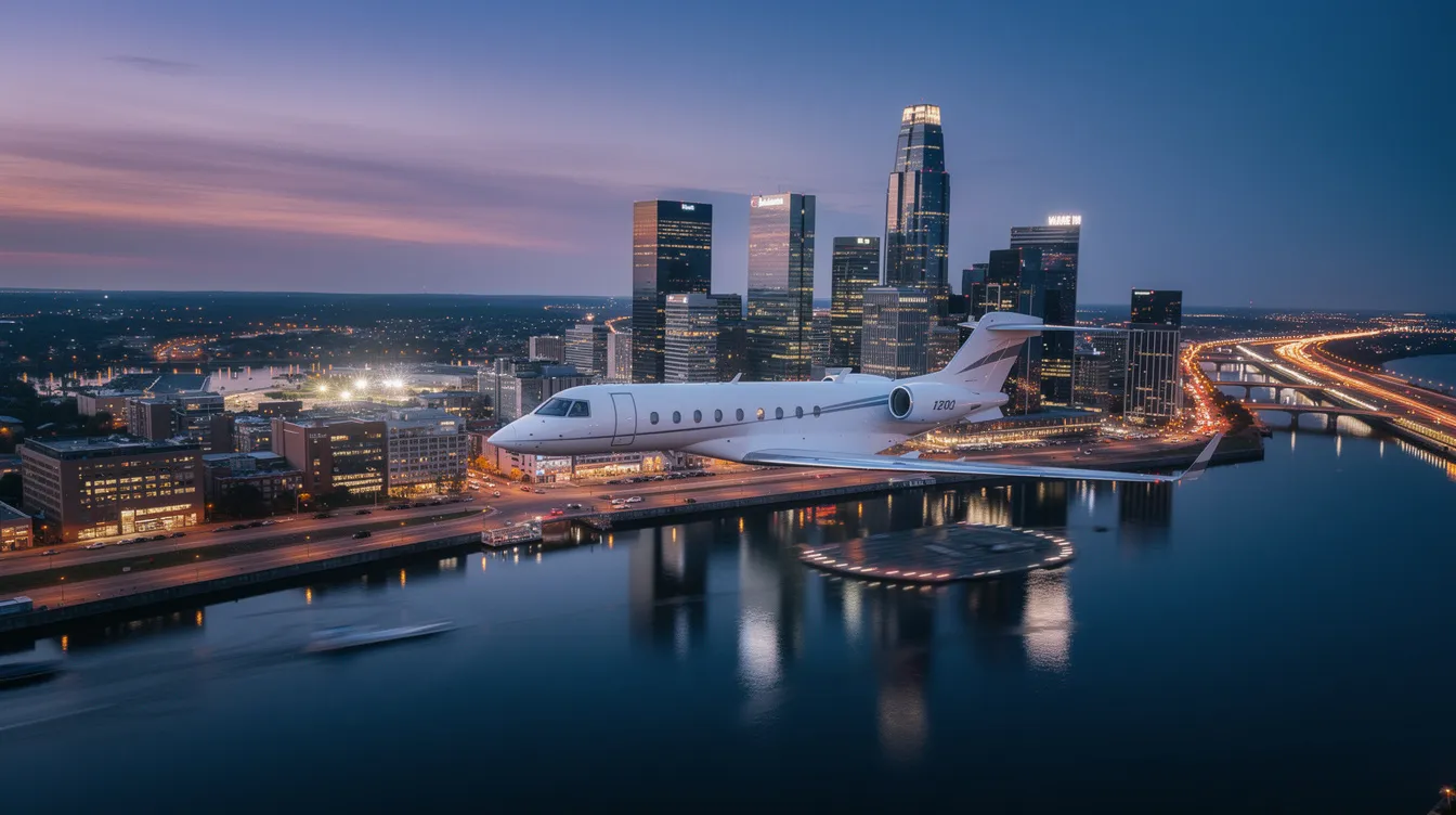 An aerial view captures a private jet approaching a bustling city skyline at dusk, with a serene river winding below. The scene highlights the elegance of private aviation as the jet prepares to land near Westchester County Airport, showcasing the beauty of urban life against the twilight sky.