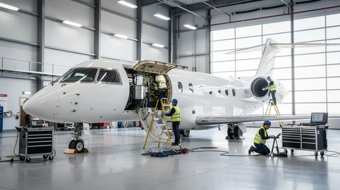 Inside a well-lit maintenance hangar, a private jet is being inspected by technicians, highlighting the importance of safety and maintenance in private aviation. The scene captures the meticulous care taken to ensure the aircraft is ready for private jet flights from airports like Teterboro and Westchester County.