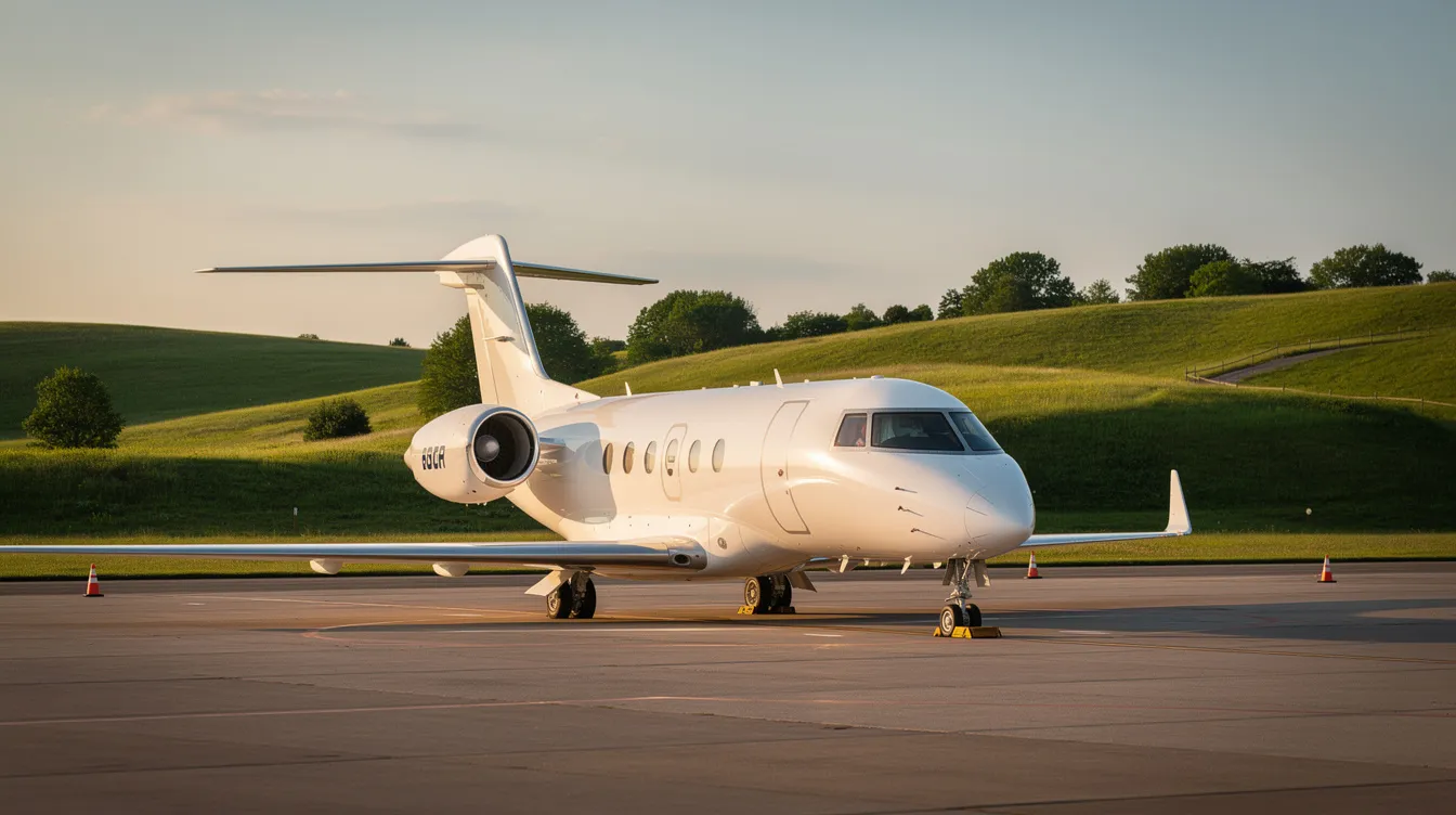 A sleek private jet is parked on a quiet tarmac at a small regional airport, with lush green hills in the background, showcasing the serene atmosphere of private aviation. This scene reflects the luxury and exclusivity of private jet flights, inviting guests to embark on their journey in comfort and style.