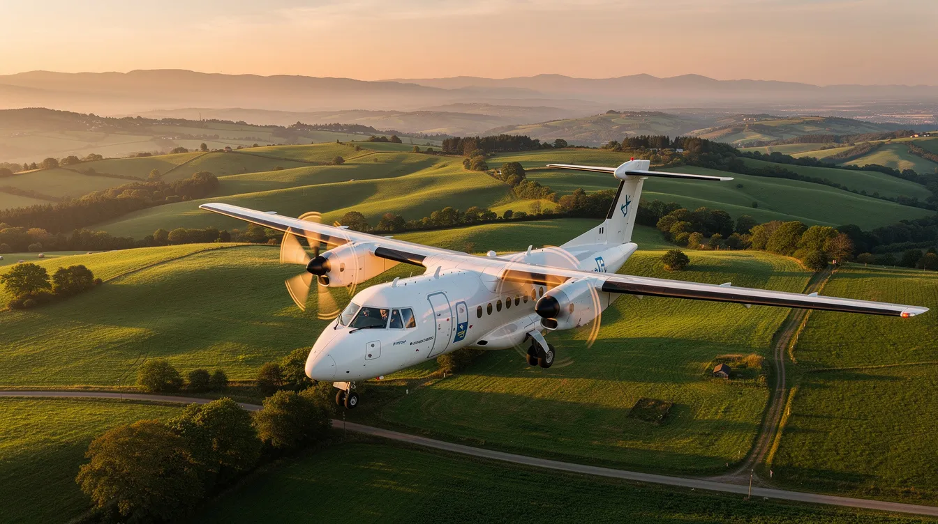 A Beechcraft King Air twin-turboprop aircraft soars gracefully over lush green rolling hills during golden hour, showcasing its sleek design against the warm, glowing sky. This popular turboprop aircraft is known for its impressive range and spacious cabin, making it an ideal choice for private jet charters and small group travel.