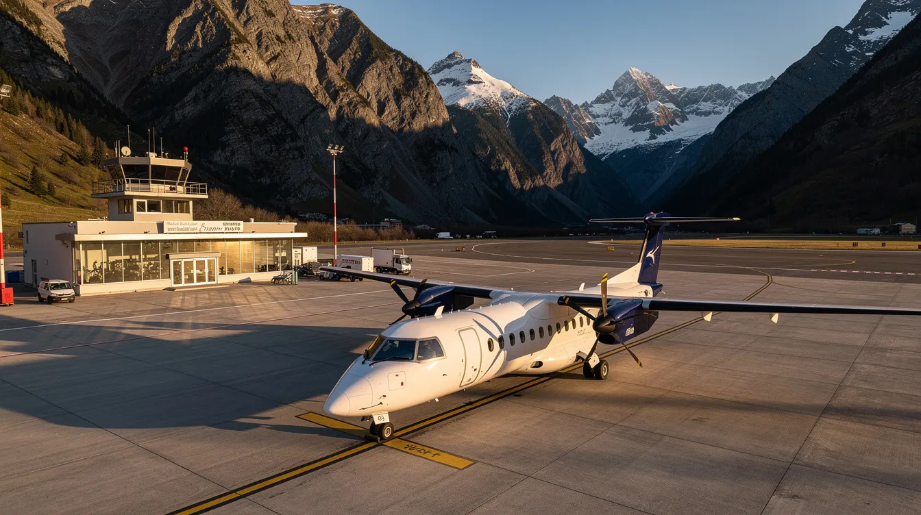 The image depicts a small regional airport nestled among mountains, featuring a Beechcraft King Air twin-engine aircraft parked on the tarmac. This popular turboprop aircraft is known for its spacious cabin and impressive range, making it ideal for charter flights to remote airports.