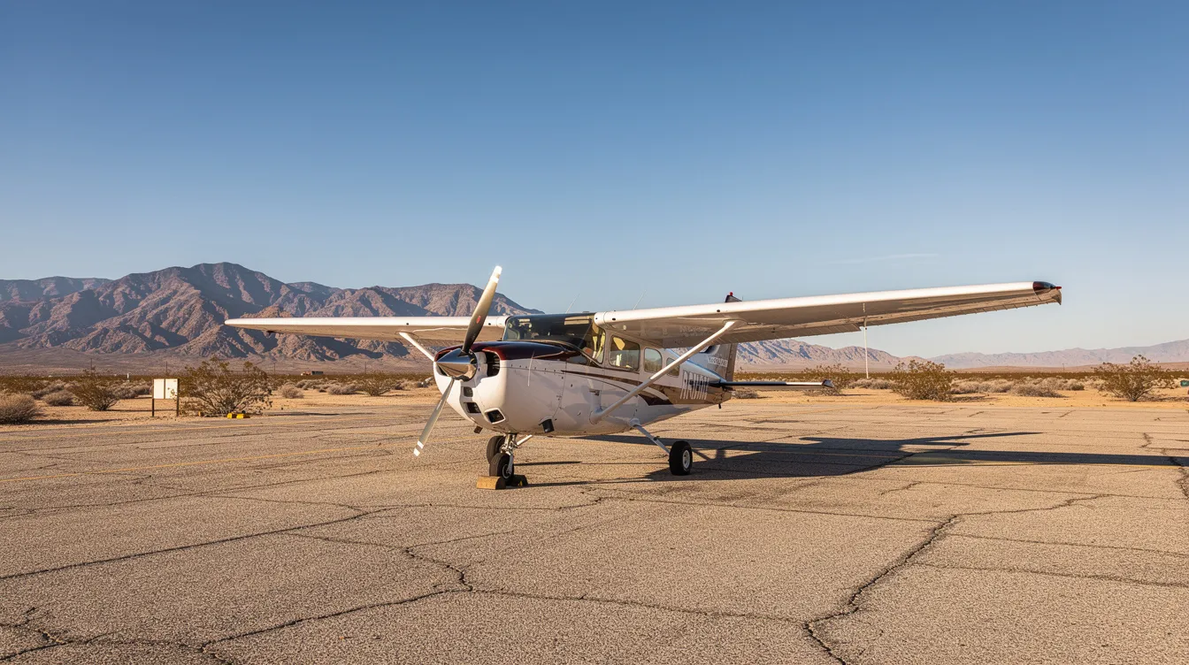 A small aircraft is parked on a desert tarmac, with majestic mountains and a clear blue sky in the background, highlighting the beauty of private aviation. This scene represents the convenience of charter flights for leisure travelers seeking efficient and personalized service.