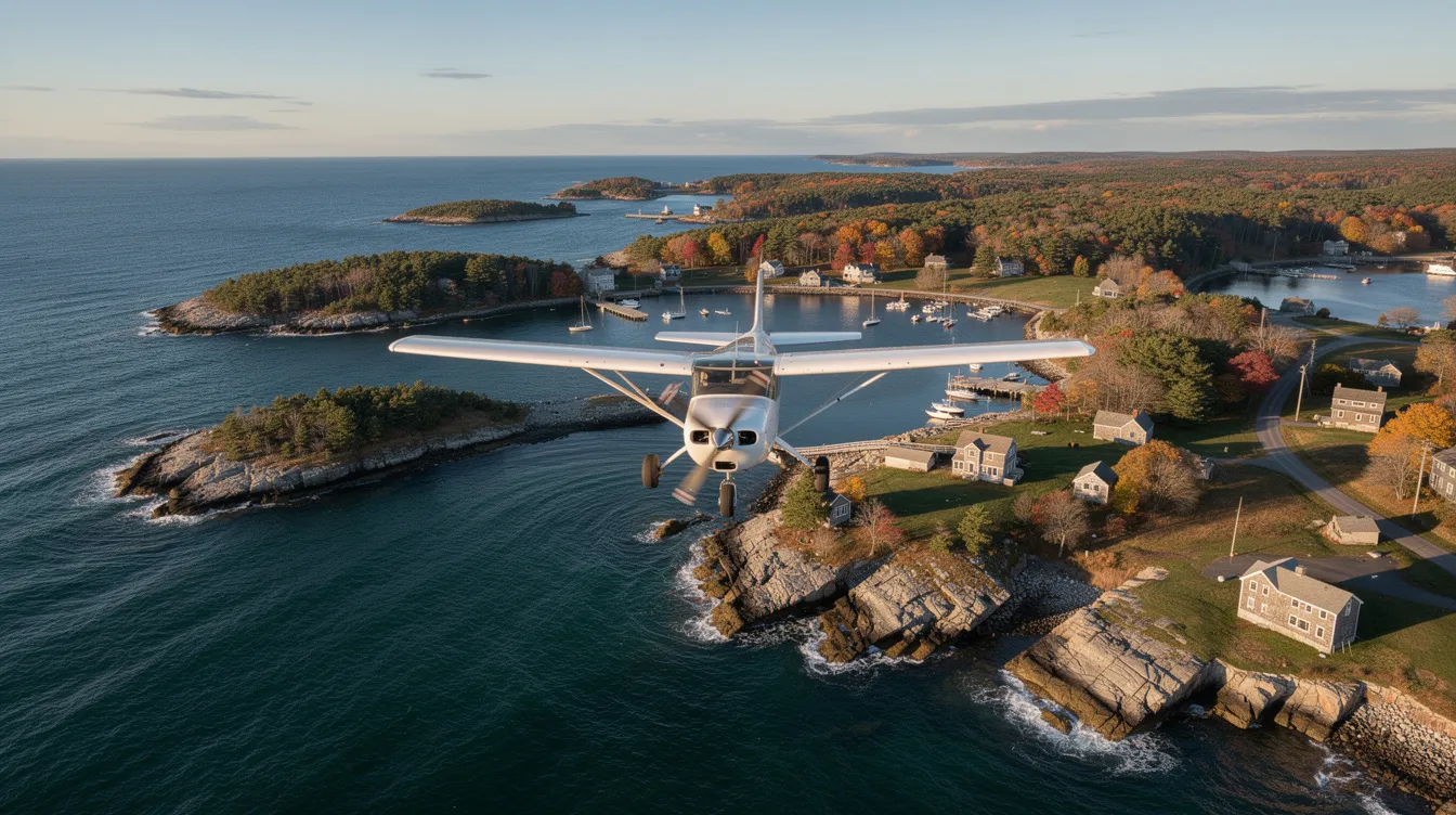 An aerial view captures a small aircraft soaring over the picturesque New England coastline, with several islands dotting the vibrant blue waters below. This scene highlights the beauty of private aviation, showcasing the efficiency and versatility of private charter flights in reaching stunning destinations.