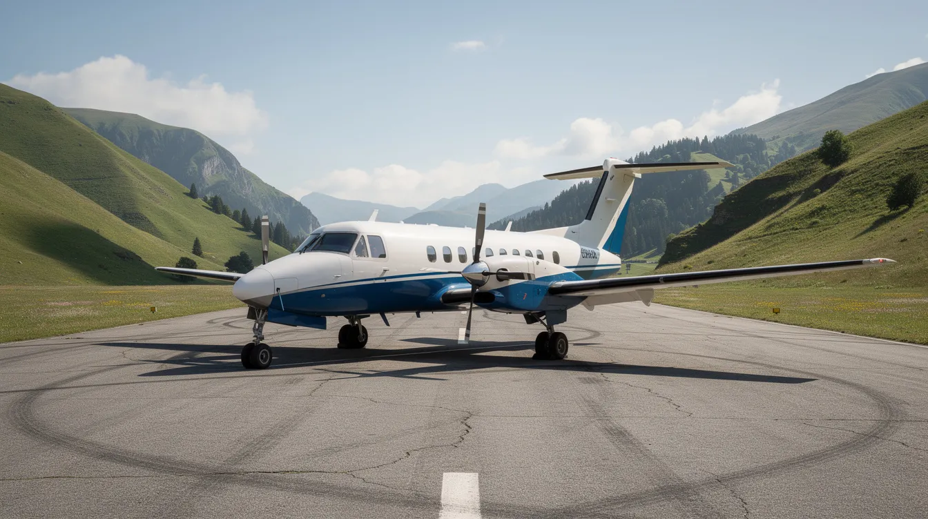 A small turboprop aircraft is parked on a regional mountain airstrip, surrounded by lush green hills, showcasing the charm of private aviation. This versatile aircraft is ideal for charter flights, offering efficient travel options for small groups seeking personalized service in scenic locations.