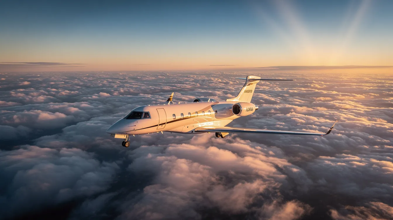 A sleek private jet soars above fluffy clouds during the golden hour, casting a warm glow on its polished exterior. This image captures the essence of luxury travel, ideal for business travelers seeking efficient private jet charter services.