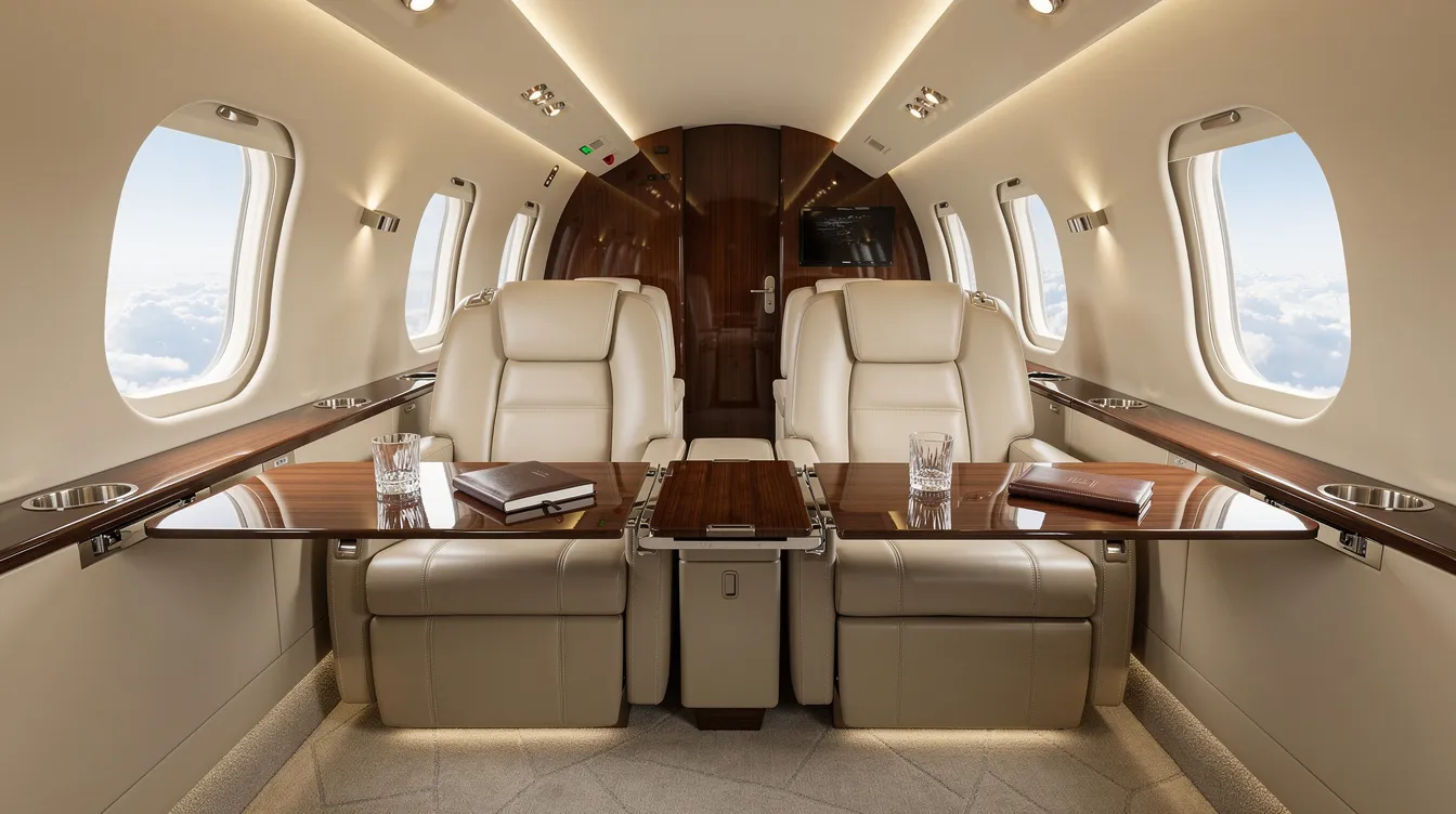 The image showcases the interior of a luxurious private jet cabin featuring cream leather club seating arranged in a double club layout, complemented by fold-out tables for convenience. This elegant space is designed for business travelers, providing a comfortable in-flight experience with ample cabin volume and large windows for a scenic view.