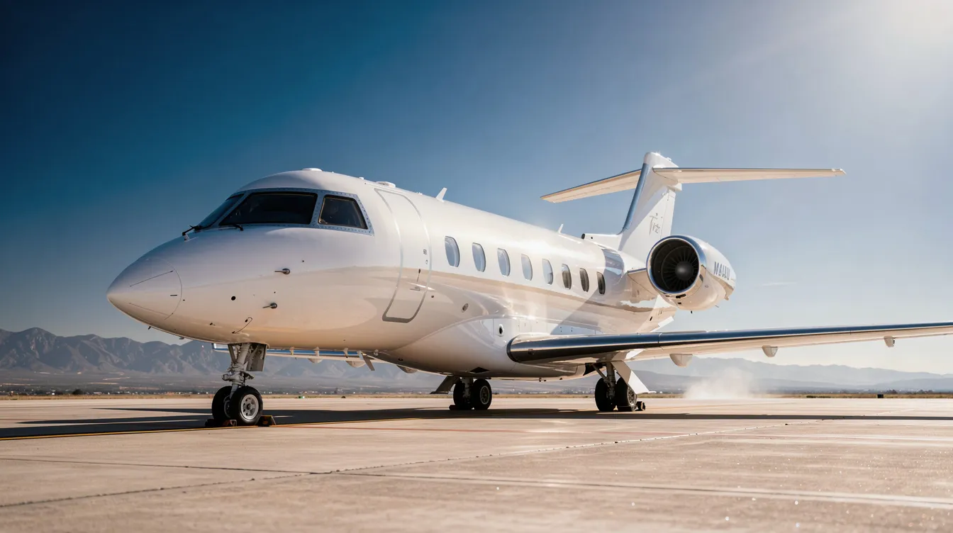 A sleek modern private jet is parked on a sunlit tarmac, with distant mountains silhouetted against a clear blue sky, showcasing the luxury of private aviation and the allure of flying private. The scene captures the essence of private jet travel, emphasizing the comfort and exclusivity of private aircraft.