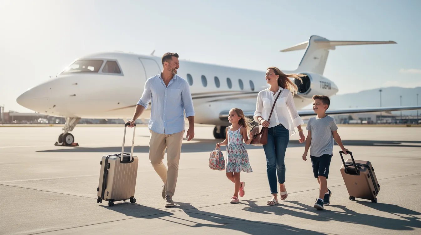 A family is walking across a tarmac with their luggage, heading towards a waiting private jet on a bright day, showcasing the convenience and luxury of private jet travel. This scene captures the essence of flying private, offering a seamless experience compared to commercial flights.