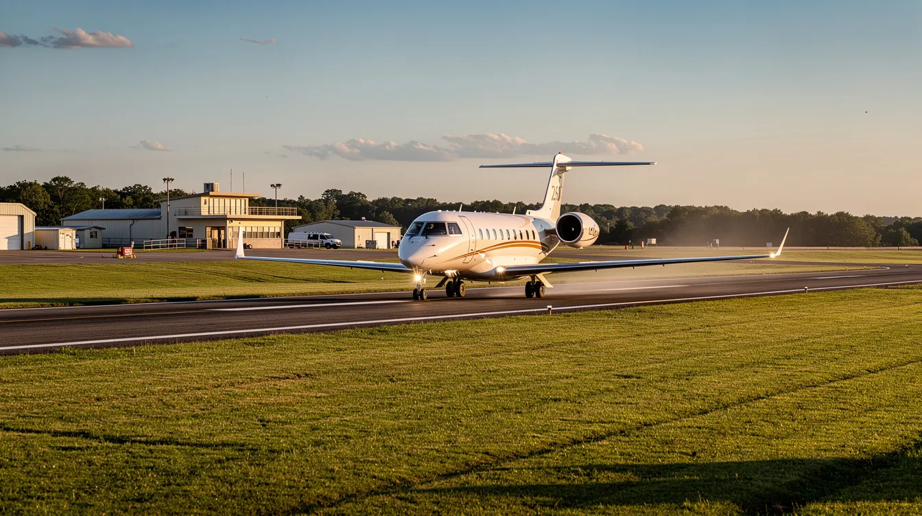 A light private jet is gracefully landing on a runway at a small regional airport, surrounded by lush green fields. This scene highlights the convenience of private jet travel, offering an alternative to commercial flights for those seeking a more personalized flying experience.