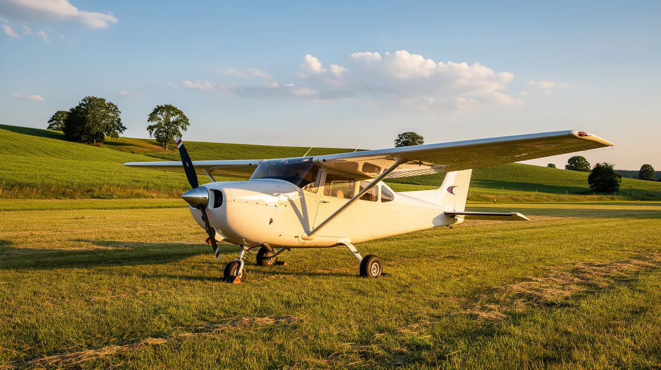 A small single-engine Cessna airplane is parked on a sunlit rural grass airstrip, surrounded by rolling green hills. This well-maintained aircraft is ideal for flight training, and its rental costs may vary widely depending on factors like hourly rental rates and fuel prices.